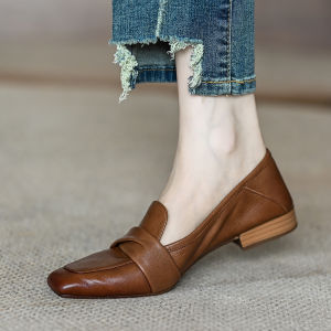 Meneer-M Square Toe Slip-On Loafers Womens New 2025 Genuine Leather Medium Mouth Vintage Worn Color Flat Bottom Flats