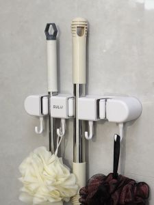 4 Slots & 5 Hooks Broom Holder Wall Mount Garden Tool Organizer Home Laundry Room Kitchen Closet Shed Garage Organization Storage Shelves Rack Rake Shovel Mop Hanger