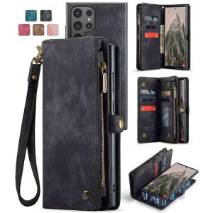 2 in 1 Detachable for Samsung Galaxy S25 S24 ULTRA S25 S24 PLUS S25 S24 FE Wallet Case with Card Holder Retro Premium Flip Leather Cover Magnetic Zipper Pocket Phone Cases (Black)