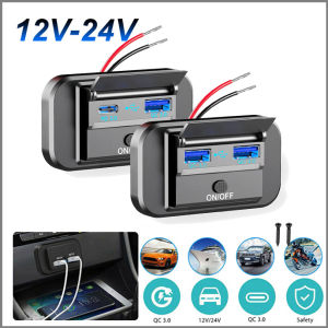 Car Charger Quick Charge 12V/24V QC3.0+PD Type C Dual USB Ports Car Bus Charger Socket Adapter USB Power Panel with Swith for Marine Motorcycles