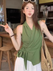 chaqi | French Green V-neck Cross Tie Sleeveless Shirt Vest Women Summer New High Waist Slimming Top Asymmetrical Design Casual Wear