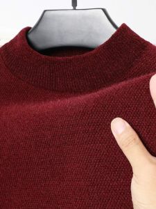 Mens Winter Thickened Fleece Lined Integrated Velvet High Collar Warm Base Shirt Trendy Half High Collar Knitted Sweater
