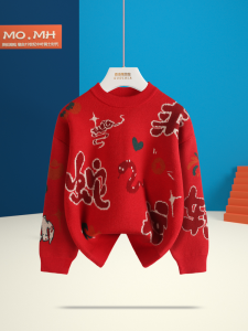 เสื้อสเวตเตอร์ถักสีแดงสำหรับเด็ก ชุดปีใหม่ ฤดูใบไม้ร่วง/ฤดูหนาว เสื้อผ้าเด็กชายและเด็กหญิง เสื้อผ้าเด็กวัยกลางคนและโต อบอุ่นและสวมใส่สบาย