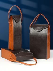 Wine Packaging Bags Box High-End Gift Box Gift Satchel Leather Bag Single Bottle and Double Bottles Wine Leather Box Neutral