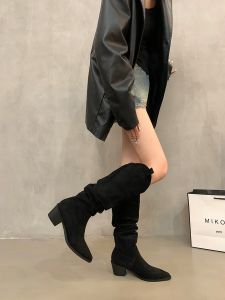 รองเท้าบูทหุ้มข้อสูงสไตล์ย้อนยุคฝรั่งเศส ทรงเรขาคณิต สำหรับผู้หญิงในฤดูใบไม้ร่วงและฤดูหนาว สีกรมท่า ขนแกะ รองเท้าบูทแฟชั่นส้นสูง