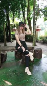 Celana Panjang Wanita Higwaist Sobek Lutut Celana Pensil Cewek Pinggang Tinggi Denim Ripped Celana Jeans Super Skinny / Kimocha