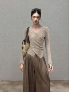 Cantonstory | Áo Thun Dài Tay V-Neck Kiểu Dệt Chéo Thiết Kế Retro Gọn Gàng
