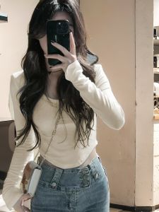 Áo Thun Nữ Tay Dài Cổ Chữ U Cạp Cao Ôm Vừa Vặn Mùa Xuân Thu Thường Ngày Cotton Nguyên Chất Phong Cách Ngọt Ngào Không Đối Xứng