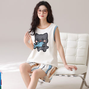 MiiOW | Bộ đồ ngủ cotton nguyên chất mùa hè cho nữ tay ngắn họa tiết hoạt hình mặc ở nhà có thể mặc ngoài trời