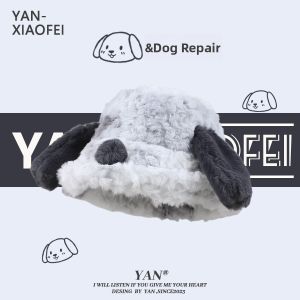 Furry Womens Fisherman Hat Cute Dog Ears Large Brim Warm Bucket Cap Autumn Winter Versatile Face Slimming Cartoon Pattern