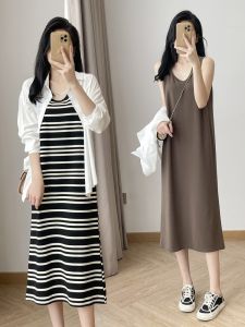 Váy Vest Không Tay Dài Đến Đầu Gối Phong Cách Hàn Quốc Thường Ngày Cổ Chữ U Rộng Che Bụng Sọc Trang Phục Công Sở Mùa Xuân 2024