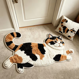 VIKAMA Lying British Shorthair Cat Shaped Doormat Non Slip Soft Fluffy Irregular Floor Rug Pet Lover Bedroom Entryway Home Decor