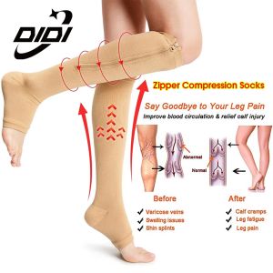 DIDI 1 Pair Compression Socks Zipper 15-20mmHg Leg Knee Stockings Zipper Support Anti-Fatigue Stretchy Socks for Men Women
