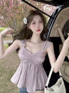 GUZILIAN | French Chic Summer Short Sleeve Shirt Womens Belted Pleated Top Sweet And Spicy Style Commute Korean Version Slim Fit