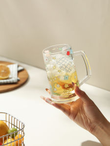 Large Capacity Glass Beer Cup with Handle Blue Lotus High Aesthetic Value for Women Home Use Cold Drink Juice Water Cup