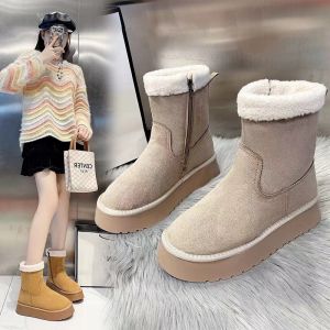 FECHENG 2024 Ladies Thick-Soled Snow Boots Autumn Winter Fleece Lining Waterproof Warm Cotton Shoes Increase Height 4.5CM Mid-Tube Boots Women