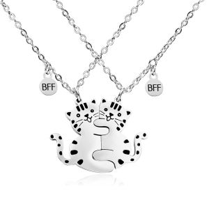 2 Pcs BFF Hug Cat Necklace Set Stainless Steel Best Friend Necklaces Friendship Jewelry Gifts