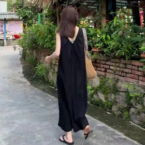 French Lazy Vacation Style Dress round Neck Sleeveless Backless Tie Pure Color Vest Dress Women Spring Summer New Arrival
