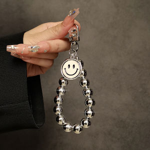 Stylish Creative Smiley Face Sliver Beads Handle Chain Wrist Short Lanyard Strap Clip Phone Case Keychain Handbag Pendant Tide