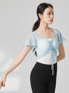 Classical Dance Practice Outfit Womens Short Sleeve Drawstring Mesh Top Traditional Han Costume Performance Shirt Yanyin
