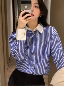 Sang Trọng Sọc Áo Sơ Mi Tay Dài Cho Nữ Hàng Mới Về Mùa Xuân Mùa Thu Dáng Rộng Cổ Polo Thiết Kế Khóa Vàng Hiệu Ứng Giảm Béo