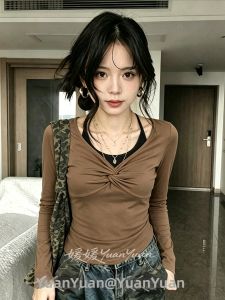 Áo Thun Nữ Dài Tay Cổ Chữ V Ôm Vừa Vặn Màu Nâu Mùa Xuân Thu Mới Về Pure Desire Style Váy Midi Thường Ngày