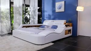 Genuine Leather Bed Frame with Massager, Storage, Led Light, Bluetooth, and Recharging Function - Safe and USB compatible for iPhone