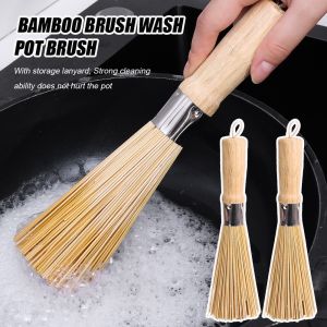 2PCS Natural Bamboo Wooden Handle Pot Brush Durable Long Handle Non-Stick Oil Decontamination Wok Brush Dishwashing Kitchen Cleaning Tool