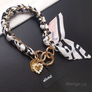 Elegant Womens Short Mobile Phone Lanyard with Silk Scarf Handle Keychain High-End Fashion Lightweight Luxury Phone Case Cover Anti-Loss Alloy Chain Accessory