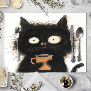 Black Cat Print Linen Placemat Heat-Resistant & Non-Slip 30x40cm Home Dinner Placemat