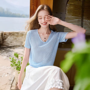 XIANGYING | White Thin Lace Yoke Short Sleeve Knit Top