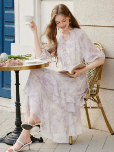 XIANGYING | V-Neck Ruffle Waist-Slimming Chiffon Dress Purple Floral
