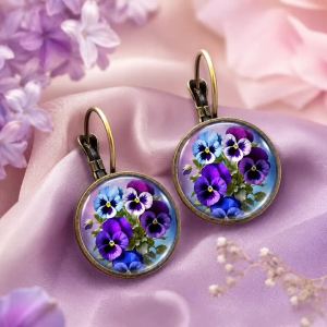 Romantic Purple Pansy Glass Dome Bronze Plated Dangle Earrings Antique Style Floral Jewelry For Women Mothers And Flower Lovers