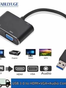 USB 3.0 to HDMI‑Compatible VGA Adapter 3‑in‑1 1080P USB to HDMI‑VGA Video Converter with Audio Output for PC Laptop Windows 7/8