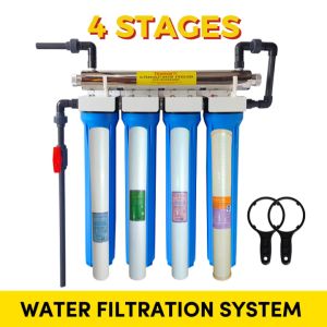 4 Stage 20" Slim Type Whole House Water Filtration System with 6GPM 25W UV Light UPVC Fittings