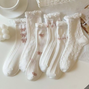 5Pairs Women Lolita JK Pink Ribbon Japanese Korean Style Long Socks Casual Socks Cotton Socks