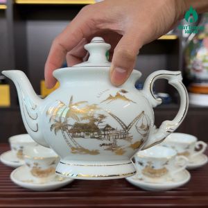 Bộ Ấm Trà Bát Tràng Cao Cấp - Hương Giang Phú Quý Trắng Vẽ Vàng 24k - Bộ ấm chén hương giang phú quý men trắng