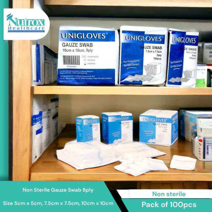 Unigloves 8ply Non-Sterile Gauze Swab, 5cm, 7.5cm, 10cm, 100 pcs/packet ...