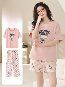MiiOW | Bộ đồ ngủ cotton nguyên chất MiiOW dành cho nữ mùa hè Bộ đồ ngủ tay ngắn mỏng dễ thương có đệm ngực Bộ đồ mặc nhà thoải mái