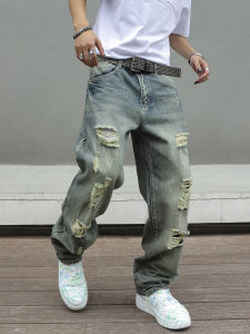 Y2K Distressed Skinny Jeans for Men Ripped Vintage High-Waisted Hip-Hop Streetwear Style