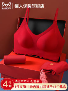 Cat Person Zodiac Year Underwear Set Womens Small Chest Gathered Seamless No Steel Ring Snake Year Marriage Underpants Red Bra