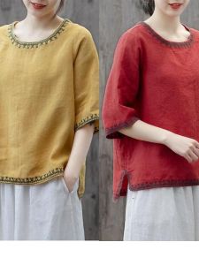 Retro Cotton Linen Loose Five-Quarter Sleeve Embroidered round Neck T-Shirt Womens plus Size Korean Style Summer Top
