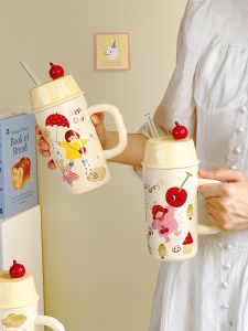 Ceramic Mug with Lid for Office Coffee Drinking Family Use High Aesthetic Value Straw Water Cup Cute Cartoon Design Gift Box