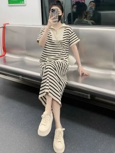 Summer New Polo Collar Striped Dress Womens Thin Loose Long Knee-Length Slimming Effectiveness Breathable Comfortable Maxi Dress