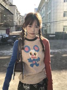 American Graffiti Cartoon Color Block Long Sleeve T-Shirt Womens Autumn Winter Slimming Warm Base Layer Top Shoulder Insertion Velvet