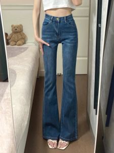 Quần Jeans Denim Ống Loe Cạp Cao Ôm Dáng Dài Bằng Lụa Màu Xanh Nhạt Cho Nữ Quần Dài Đến Sàn Có Cổ Tay Thường Ngày