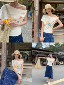 NIHAOKANONG | Áo Thun Nữ In Hoa Vai Xéo Ôm Sát