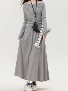 Gray Suit Womens Long-Sleeved T-shirt Slim Looking Tops Autumn Drape A- line Skirt Idle Style Casual Two-Piece Suit