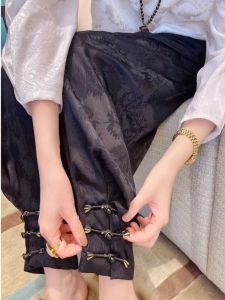 กางเกงขายาวทรงหลวมสไตล์ฮาราจูกุ ทรงสลิมฟิต ผ้าไหมเทียม ลายดอกไม้ สีดำ กางเกงขายาวทรงฮาราจูกุ ทรงหลวม สไตล์จีน ฤดูใบไม้ผลิ ฤดูใบไม้ร่วง