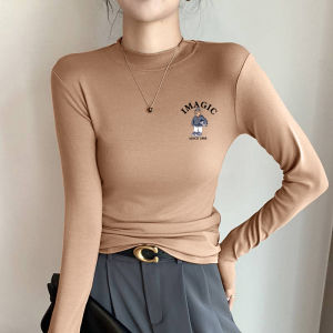 Áo Thun Cổ Đứng Dày Lót Lông Cừu Cho Nữ Mùa Thu Đông Dài Tay Áo Lót Giữ Nhiệt Ôm Vừa Vặn Vai Áo Phong Cách Hàn Quốc